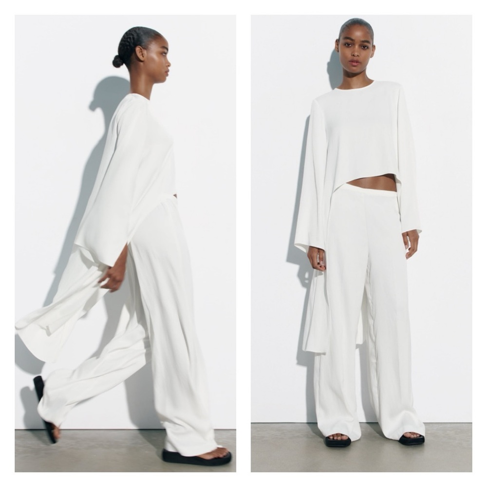 Zara White Asymmetrical Crop Top Long Sleeve Minimal Chic Medium NWT - Picture 3 of 8